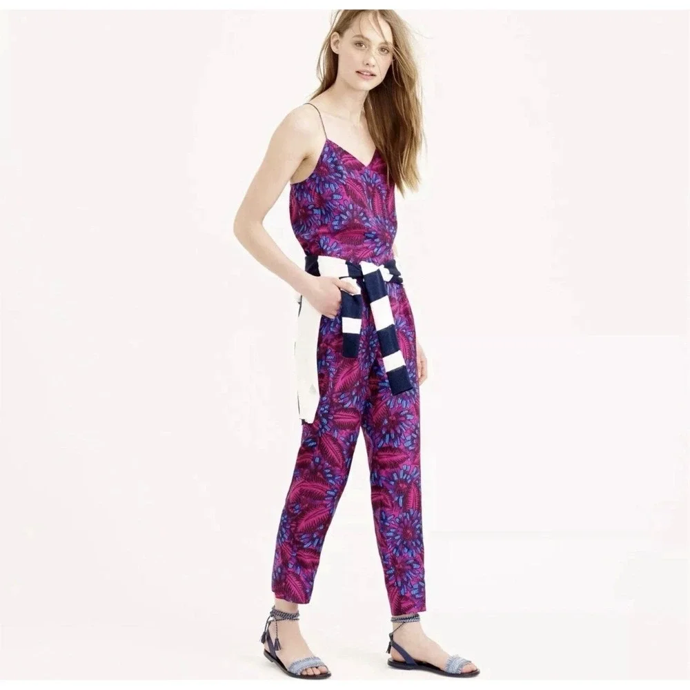J.Crew Midnight Floral Silk Jumpsuit size 6 Pockets Silk! purple fuchsia magenta